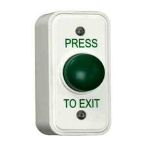 CQR AEB18 Surface Mounted Narrow Plastic Green Dome Button - Legend "Press To Exit" (LEAD TIME: 2-3 DAYS)